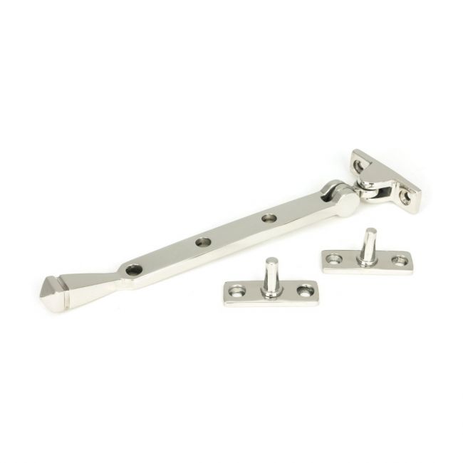 The 8 Inch Valen Casement Window Stay in Polished Stainless Steel Shown with Stay Pins on a White Background