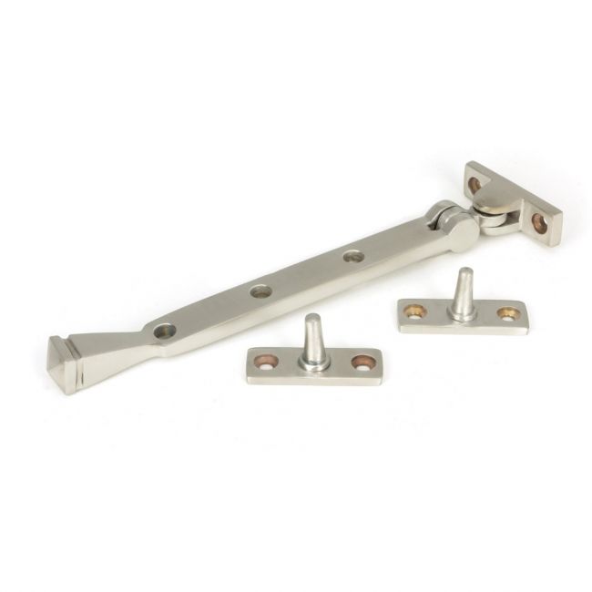 The 8 Inch Valen Casement Window Stay in Satin Stainless Steel Shown with Stay Pins on a White Background