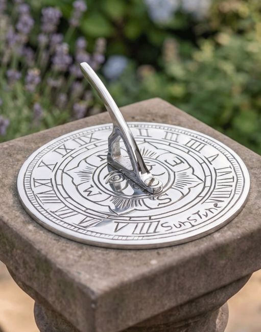 The 95mm Bright Chrome "Suns Tyne" Mini Sundial On Top of a Garden Pillar in a Rustic Garden - Digital Illustration The 95mm Bright Chrome "Suns Tyne" Mini Sundial On Top of a Garden Pillar in a Rustic Garden - Digital Illustration