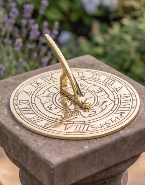 The 95mm Polished Brass "Suns Tyne" Mini Sundial on a Traditional Garden Pillar in a Grand Home - Digital Illustration The 95mm Polished Brass "Suns Tyne" Mini Sundial on a Traditional Garden Pillar in a Grand Home - Digital Illustration