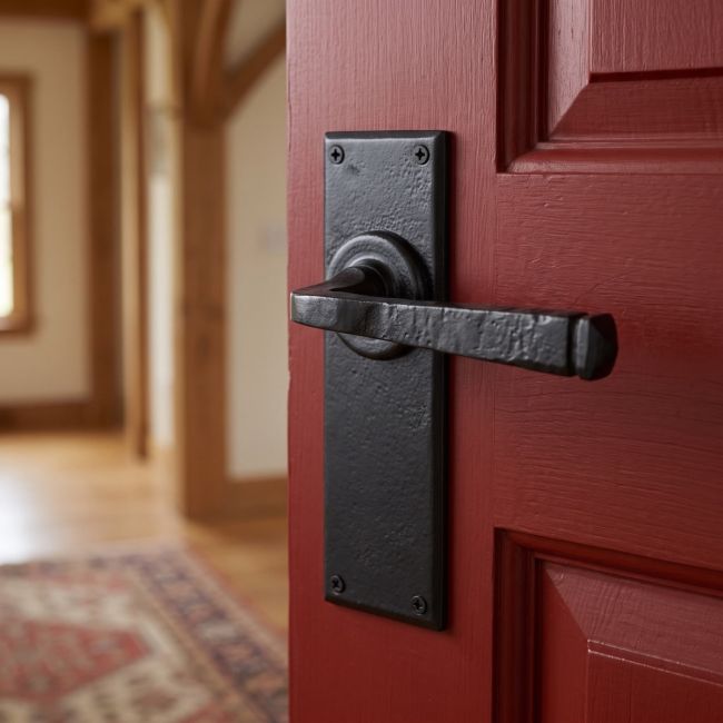 The "Thornton" Smooth Black Iron Contemporary Door Handles on a Red Door in a Country Cottage - Digital Illustration