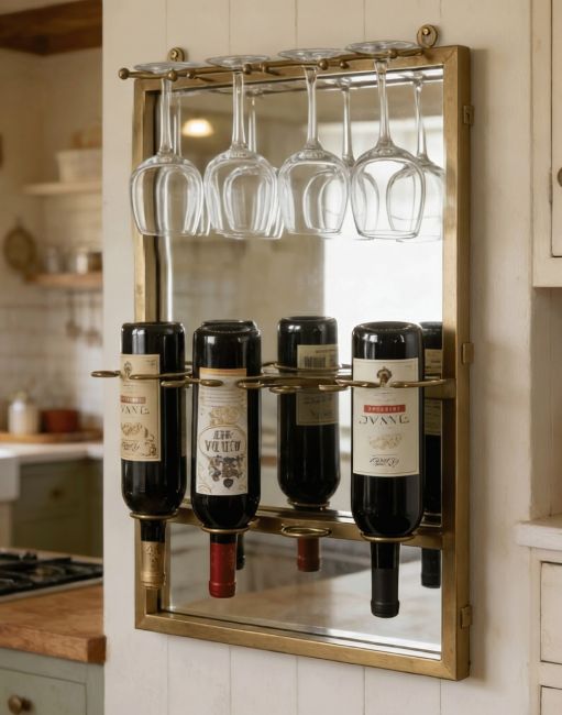 The "Acapulco" Mirrored Wine Rack on a Wooden Panel Wall in a Classic Country Kitchen - Digital Illustration 
