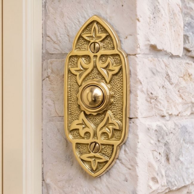 "Adie Amus" Polished Brass Antique Gothic Bell Push "Adie Amus" Polished Brass Antique Gothic Bell Push