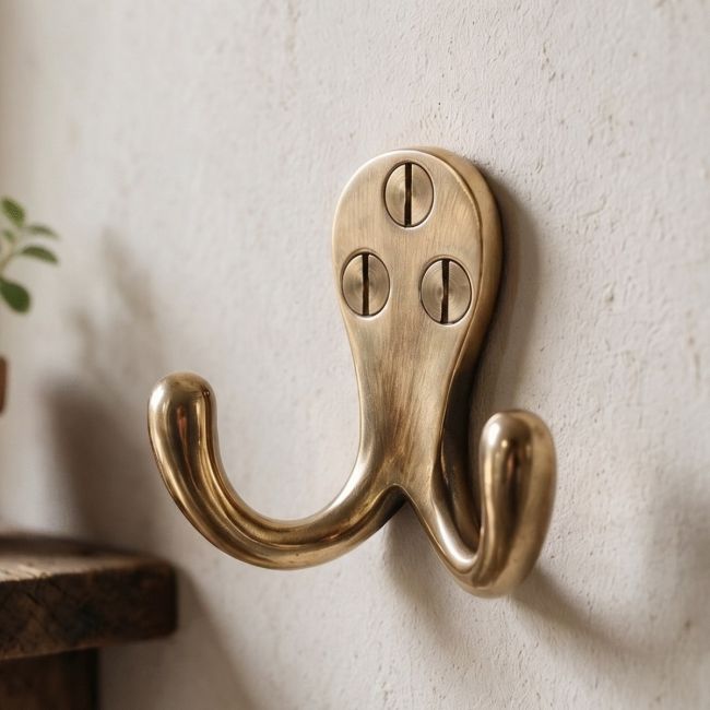 Aged Brass Double Pronged Coat Hook 