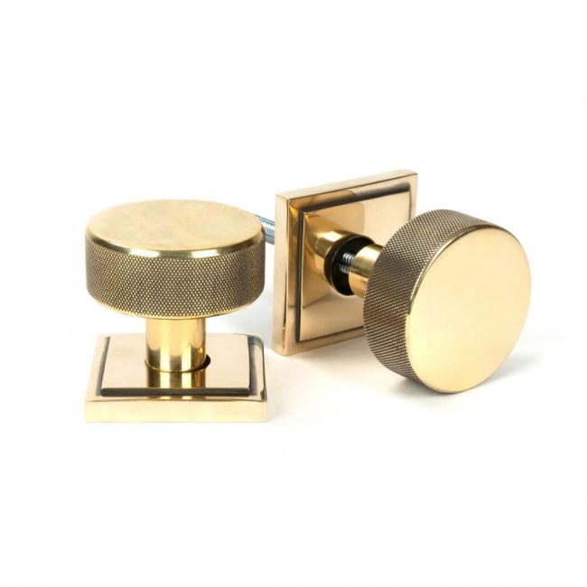The Aged Brass Knurled Mortice/Rim Knob Set on a Square Rose Shown Upright and on its Side The Aged Brass Knurled Mortice/Rim Knob Set on a Square Rose Shown Upright and on its Side