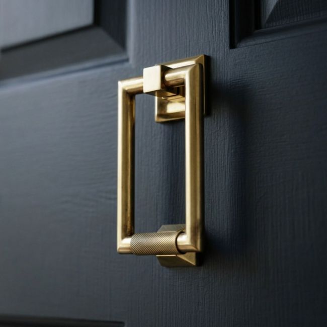 The Aged Brass Modern Knurled Rectangular Door Knocker on a White Background The Aged Brass Modern Knurled Rectangular Door Knocker on a White Background