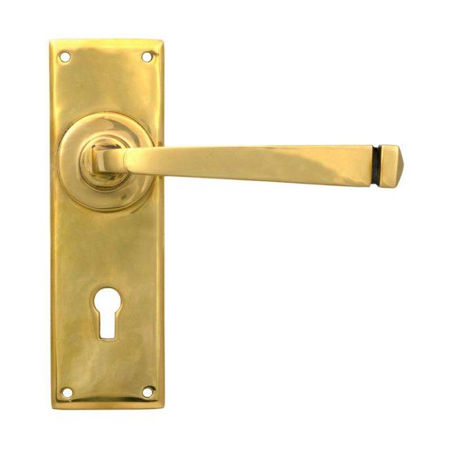 Sleek Architectural Lever Lock Door Handle Set on Plain Backplate - Aged Brass