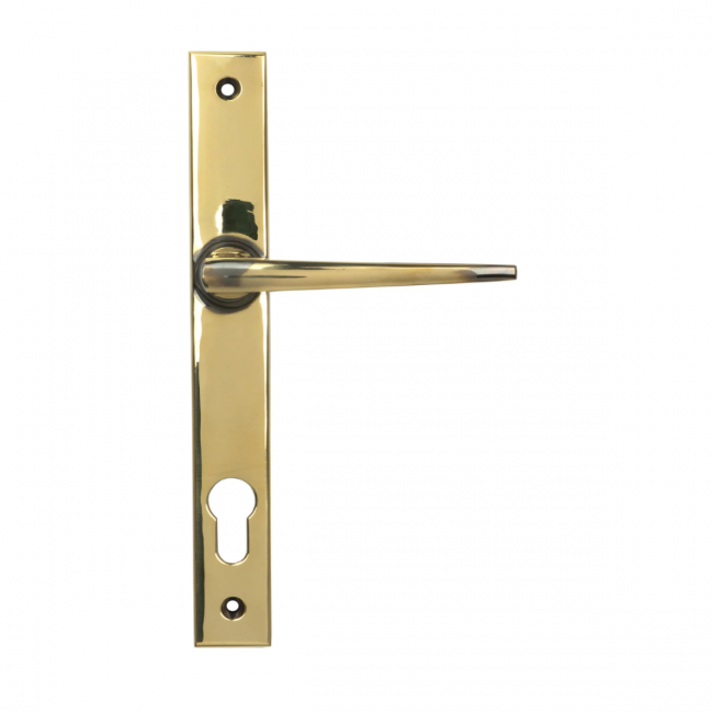 The Aged Brass Slimline Espag Lever Door Handle (92mm Centres) Shown from the Front