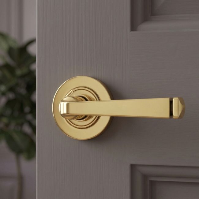 The Aged Brass Tapered Lever on Plain Rose Set on a White Background 