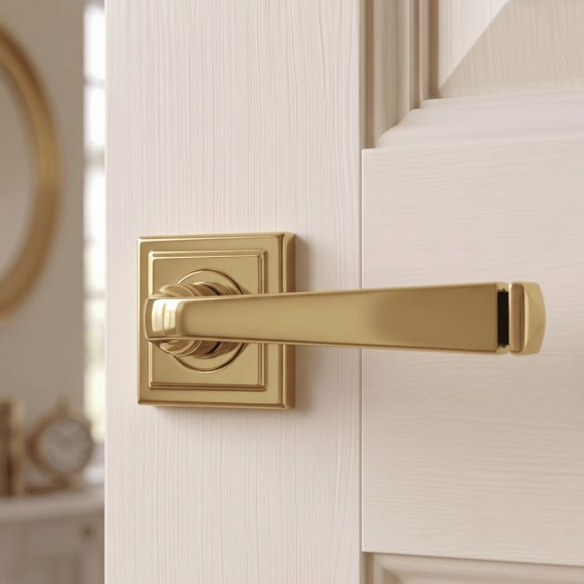 The Aged Brass Tapered Lever on Square Rose Set on a White Background 