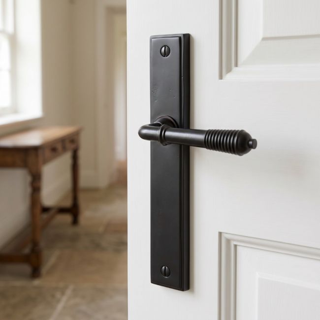 The Reeded Slimline Lever Espagnolette Door Latch in Aged Bronze on a White Background 