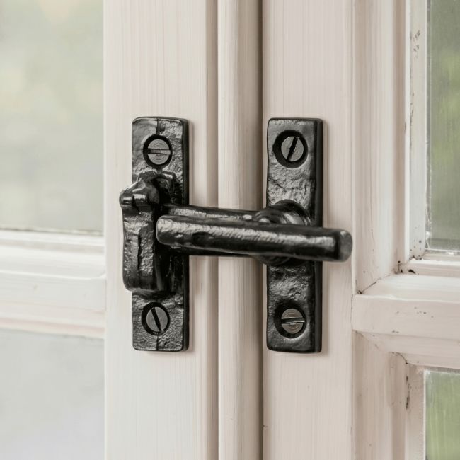 The Antique Black Iron Tee Window Casement Fastener Mounted on a Classic White Wooden Window Frame - Digital Illustration The Antique Black Iron Tee Window Casement Fastener Mounted on a Classic White Wooden Window Frame - Digital Illustration