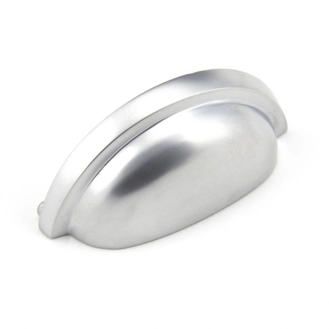 The Art Deco Concealed Cup Drawer Pull in Satin Chrome on a White Background The Art Deco Concealed Cup Drawer Pull in Satin Chrome on a White Background