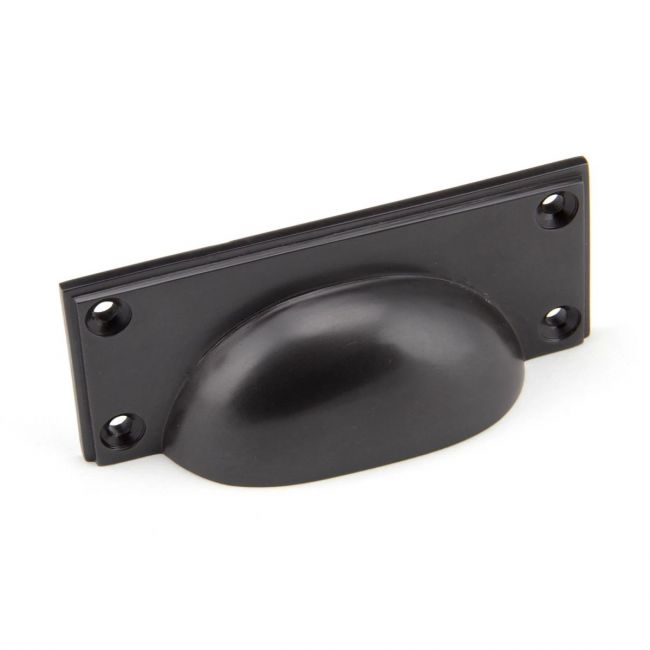 The Art Deco Cup Drawer Pull with Backplate in Aged Bronze on a White Background The Art Deco Cup Drawer Pull with Backplate in Aged Bronze on a White Background
