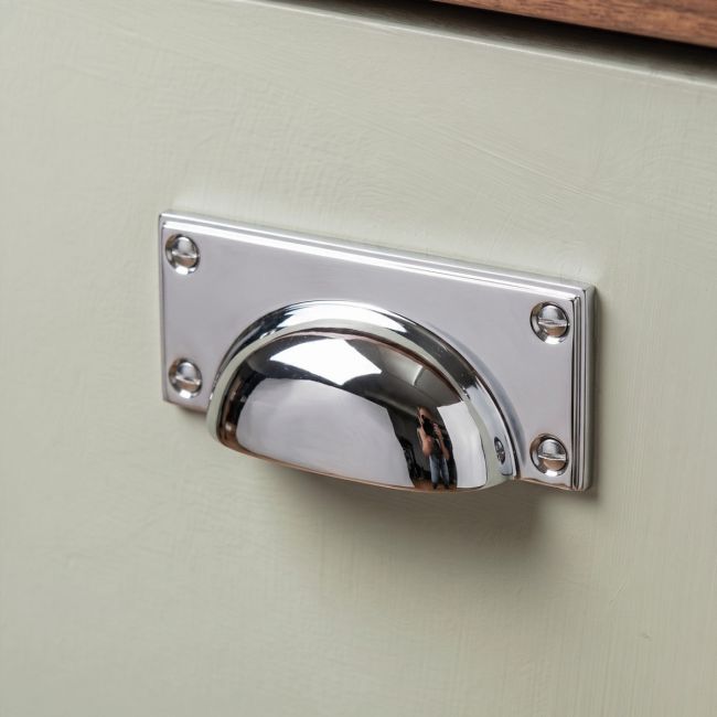 The Art Deco Cup Drawer Pull with Backplate in Polished Chrome on a White Background 