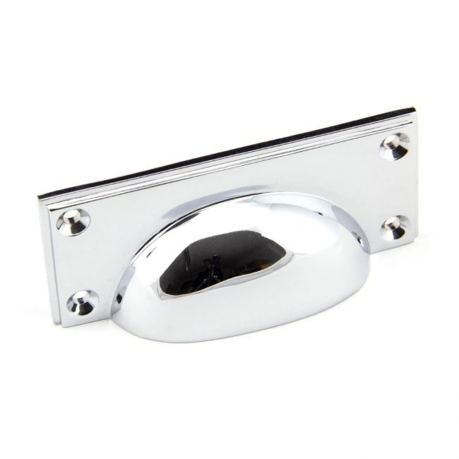 The Art Deco Cup Drawer Pull with Backplate in Polished Chrome on a White Background The Art Deco Cup Drawer Pull with Backplate in Polished Chrome on a White Background