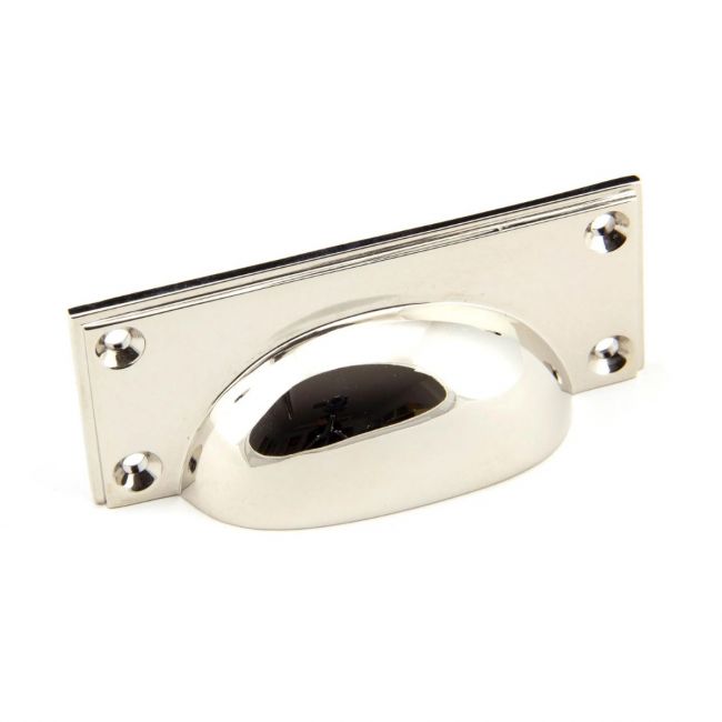 The Art Deco Cup Drawer Pull with Backplate in Polished Nickel on a White Background The Art Deco Cup Drawer Pull with Backplate in Polished Nickel on a White Background