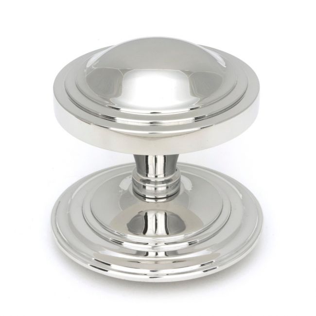 The Art Deco Stepped Rose Center Door Knob in Polished Stainless Steel Shown Upright on a White Background