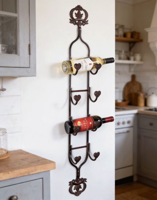 The "Artisan Avenue" Cast Iron Wine and Bottle Holder attached to a White Wall in a Country Cottage Kitchen - Digital Illustration The "Artisan Avenue" Cast Iron Wine and Bottle Holder attached to a White Wall in a Country Cottage Kitchen - Digital Illustration