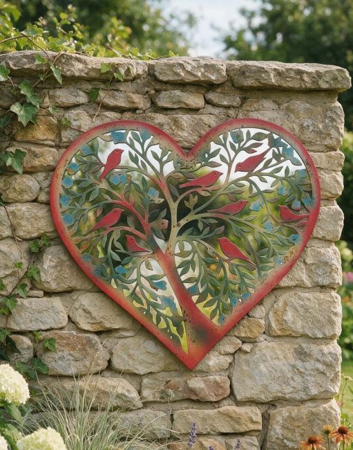Digital Illustration of the "Aviary Tree" Heart Shaped Garden Mirror Wall Art Mounted on a Ivy Covered Garden Fence.jpg Digital Illustration of the "Aviary Tree" Heart Shaped Garden Mirror Wall Art Mounted on a Ivy Covered Garden Fence.jpg
