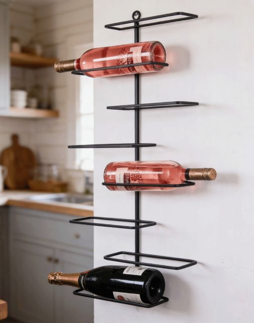 The "Beneventio" Wrought Iron Wine & Bottle Rack Displaying some Bottles of Wine and Champagne next to a Modern Kitchen - Digital Illustration The "Beneventio" Wrought Iron Wine & Bottle Rack Displaying some Bottles of Wine and Champagne next to a Modern Kitchen - Digital Illustration