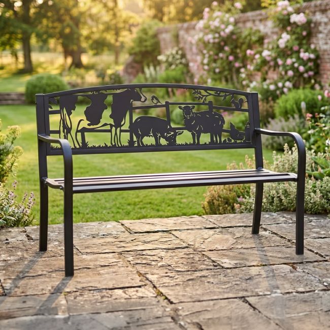 Bespoke "Farmyard Animals" Iron & Steel Park Bench in Black Bespoke "Farmyard Animals" Iron & Steel Park Bench in Black