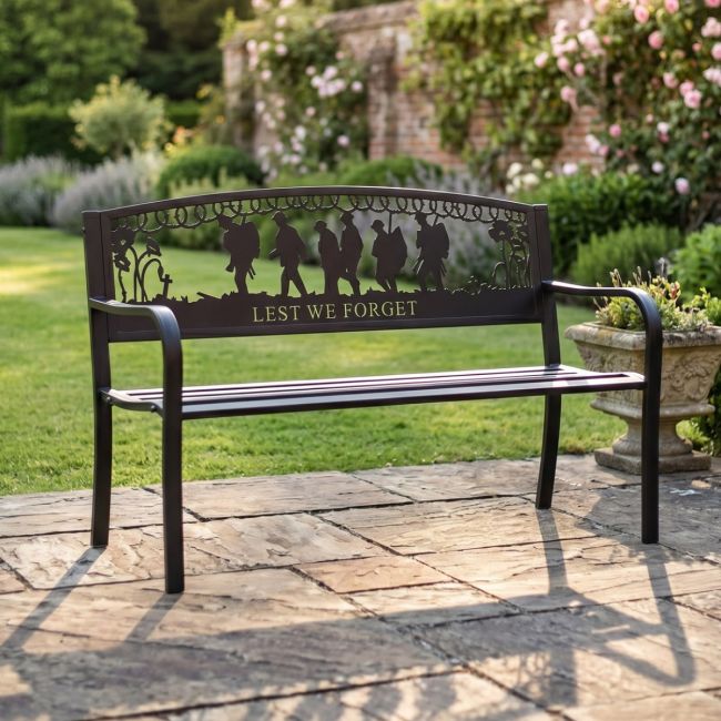 Bespoke "Lest We Forget" Soldiers Iron & Steel Park Bench in Black