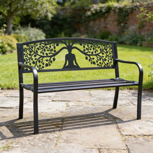 Bespoke "Eternal Growth" Buddha Iron & Steel Park Bench in Black