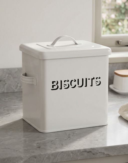 The Bessie Vintage White Biscuit Tin on a Grey Marble Effect Kitchen Counter Top - Digital Illustration