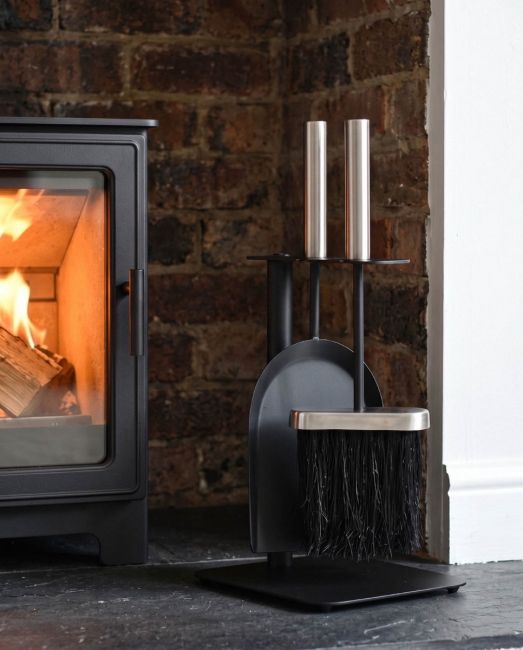 Black & brushed steel fireside brush & pan set