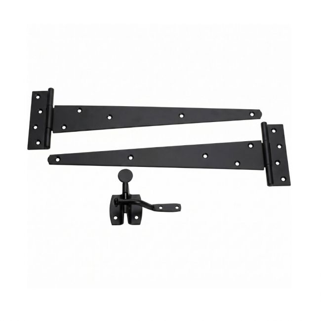 The Black 350mm (14") Door Hardware Kit - Complete Tee Hinges & Auto Latch Pack on a White Background 