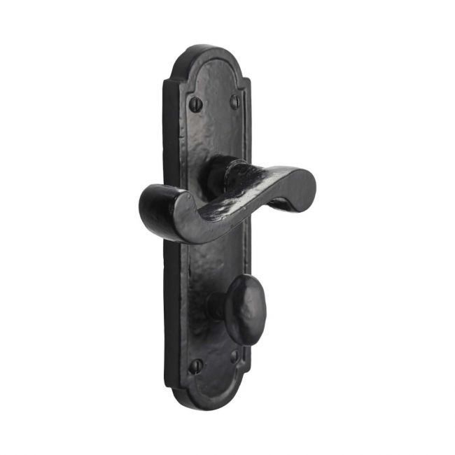 The Black Antique Arched Backplate Bathroom Door Handles - Privacy Scroll Lever Pair on a White Background The Black Antique Arched Backplate Bathroom Door Handles - Privacy Scroll Lever Pair on a White Background