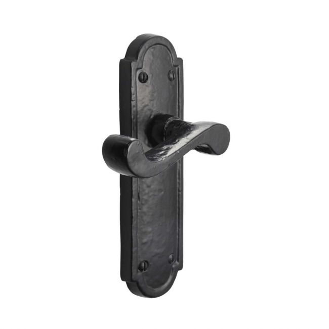 Black Antique Arched Backplate Door Handles - Rustic Scroll Lever Latch Pair