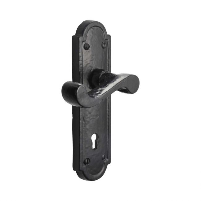 The Black Antique Arched Backplate Lock Handles - Rustic Scroll Keyhole Lever Pair on a White Background