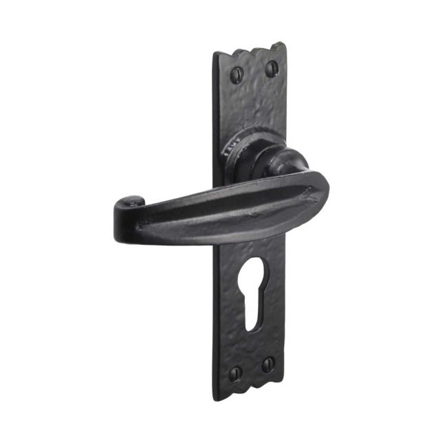Black Antique Euro Cylinder Door Handles - Rustic Scalloped Lever Pair