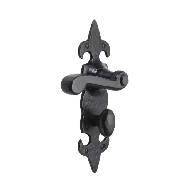 The Black Antique Fleur-de-Lis Bathroom Door Handles - Large 210mm Privacy Lever Pair on a White Background The Black Antique Fleur-de-Lis Bathroom Door Handles - Large 210mm Privacy Lever Pair on a White Background