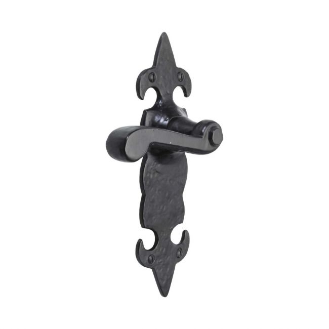 The Black Antique Fleur-de-Lis Door Handles - Large 210mm Scroll Lever Latch Pair on a White Background 