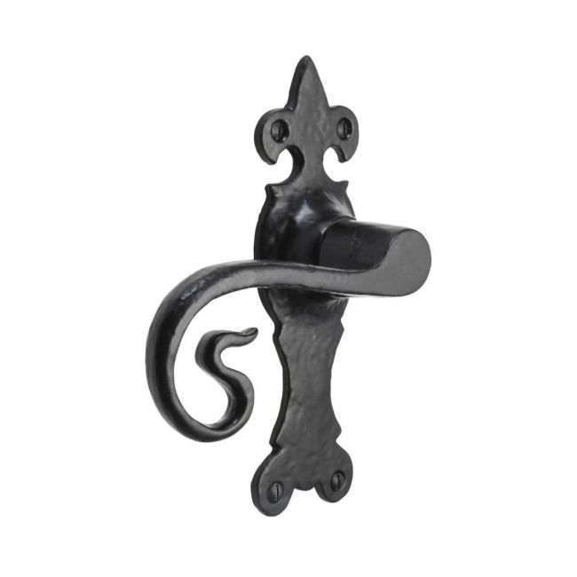 The Black Antique Fleur-de-Lis Door Handles - Ornate Monkey Tail Lever on a White Background