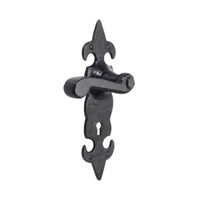 The Black Antique Fleur-de-Lis Lock Handles - Large 210mm Keyhole Lever Pair on a White Background 