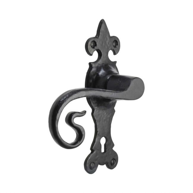 Black Antique Fleur-de-Lis Lock Handles - Ornate Monkey Tail Keyhole Lever Pair