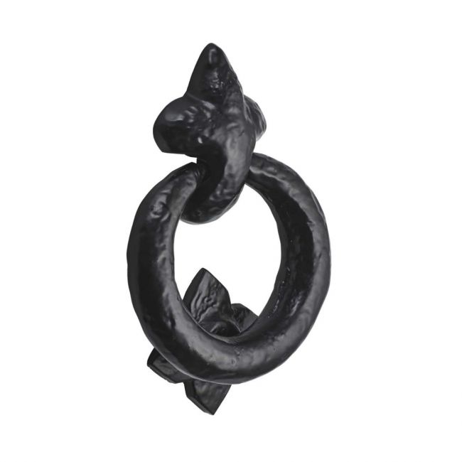 The Black Antique Fleur-de-Lis Ring Door Knocker - 95mm Traditional Entrance Set on a White Background The Black Antique Fleur-de-Lis Ring Door Knocker - 95mm Traditional Entrance Set on a White Background