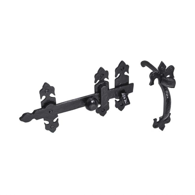 The Black Antique Fleur-de-Lis Thumb Latch - 203mm Heavy Duty Suffolk Door Handle on a White Background on a White Background