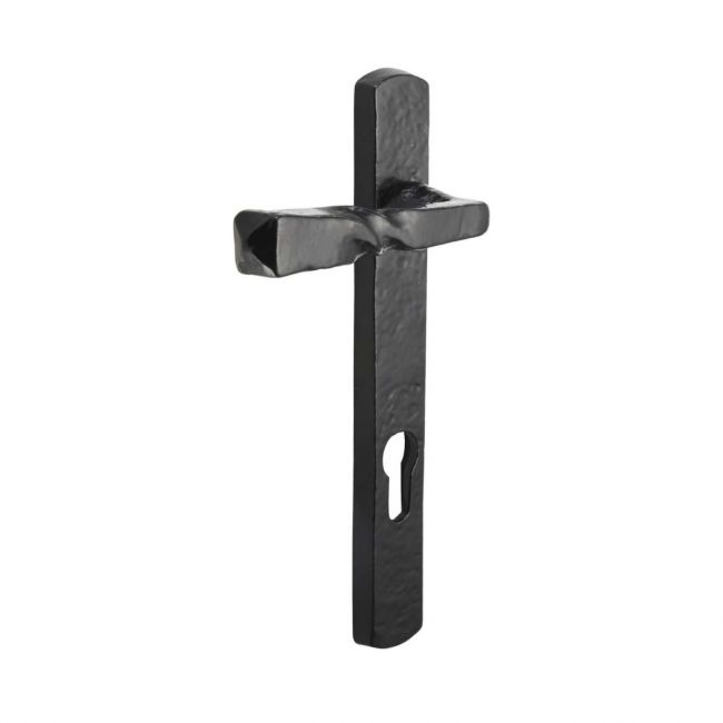 The Black Antique Narrow Slim Backplate Euro Handles - Forged Barley Twist Lever Pair on a White Background