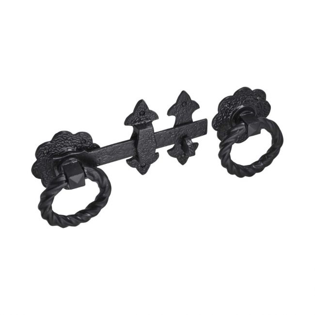 The Black Antique Twisted Ring Gate Latch - 8-Inch Fleur-de-Lis Heavy Duty Fastener on a White Background The Black Antique Twisted Ring Gate Latch - 8-Inch Fleur-de-Lis Heavy Duty Fastener on a White Background