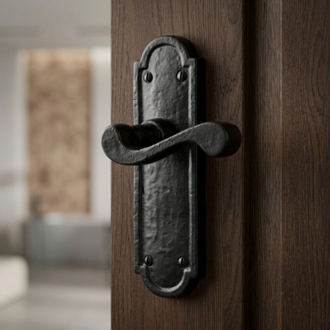 The Black Antique Arched Backplate Door Handles - Rustic Scroll Lever Latch Pair on a White Background The Black Antique Arched Backplate Door Handles - Rustic Scroll Lever Latch Pair on a White Background