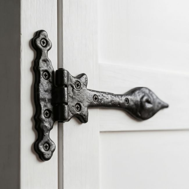 The Black Cast Iron Antique Door Hinge Pair Shown Close up on a Well Lit Wooden Door - Digital Illustration The Black Cast Iron Antique Door Hinge Pair Shown Close up on a Well Lit Wooden Door - Digital Illustration