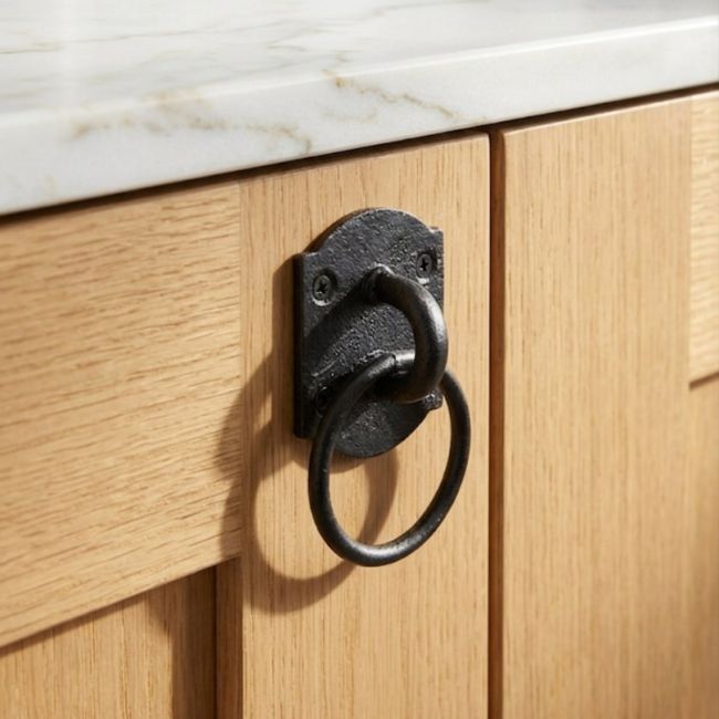 The Black Cast Iron Manger Cabinet Ring Pull Mounted on a Wooden Kitchen Cabinet - Digital Illustration