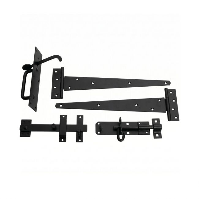 The Black Finish 450mm (18") Door Gate Hardware Kit - Complete Tee Hinges, Suffolk Latch & Lock Bolt Pack on a White Background 