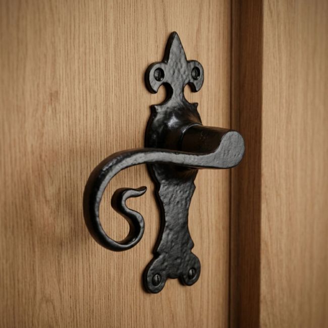 The Black Antique Fleur-de-Lis Door Handles - Ornate Monkey Tail Lever on a White Background The Black Antique Fleur-de-Lis Door Handles - Ornate Monkey Tail Lever on a White Background
