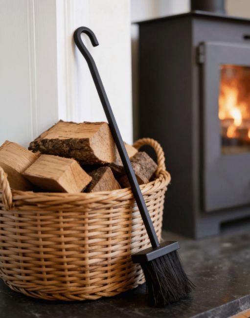 The Black Hooked Fireside Brush Next to Fireplace with a Log Basket next to it - Digital Illustration The Black Hooked Fireside Brush Next to Fireplace with a Log Basket next to it - Digital Illustration